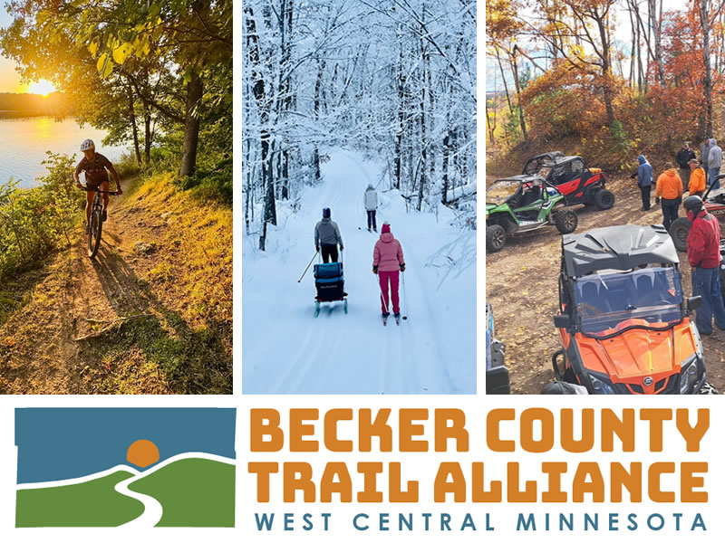 Becker County Trail Alliance (West Central Minnesota) logo below a collage showing mountain biker, cross country skiers, and ATV riders.