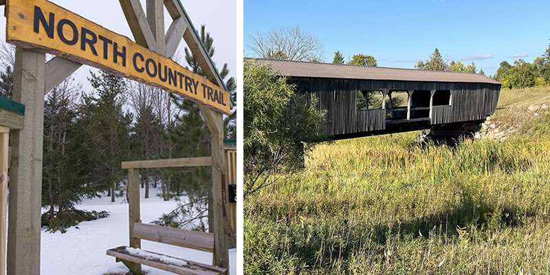 A wooden North Country Trail trailhead archway in winter, and a historic covered bridge on a trail in summer.