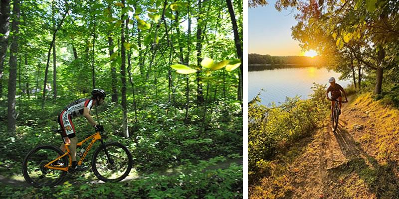 Mountain bikers on local trails: one riding through a lush green forest, and another cruising along a lakeside singletrack at sunset.