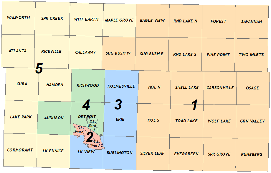 Commissioner Districts map. A text listing of townships and cities located within each district boundary is available below the map.